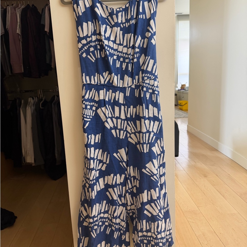 Corey Lynn Calter Blue & White Printed Sleeveless Wide-Leg Jumpsuit